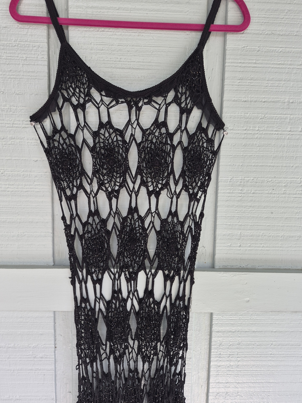 Black Beaded Cool Crochet Swim Cover-up Dress S/M Boho Coastal Chic Whimsygoth